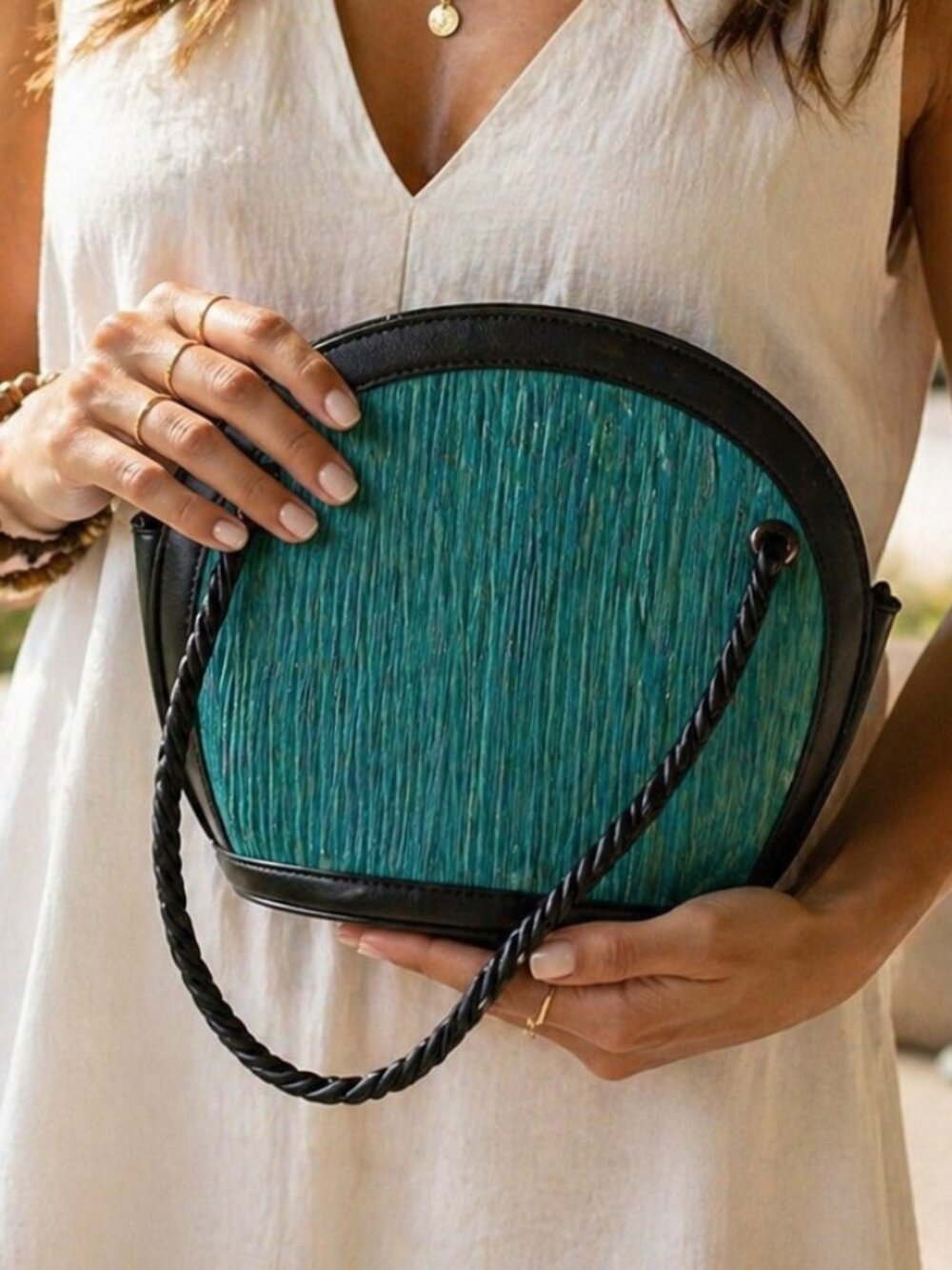 SARAYE Teal Handwoven Bamboo Clutch NWT Artisan Boho Resort Bag Cambodia
